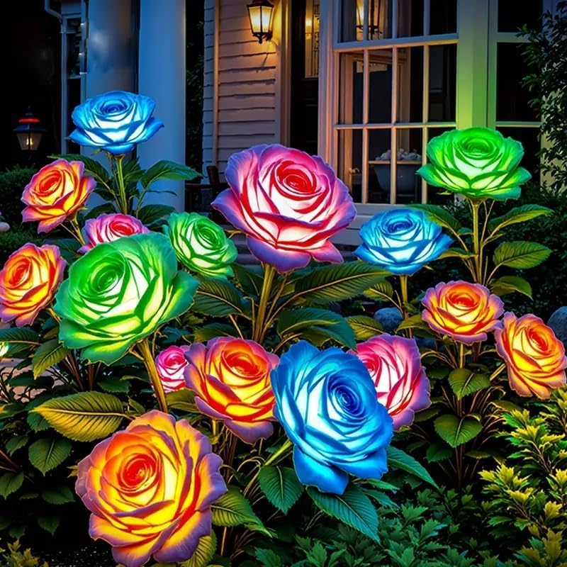 KOOPER 6 Pack Solar Lights Outdoor Garden Decor, 7 Color Changing Solar Flowers Outdoor Waterproof with 30 Bigger & Realistic Rose, Enlarged Size Panel for Patio Yard Garden Cemetery Decoration, Gifts by KOOPER