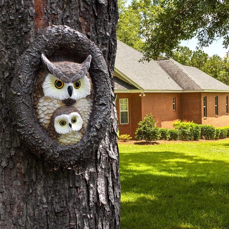 Resin Owl Mom and Baby Tree Hugger, Realistic Tree Trunk Decor Outdoor, Whimsical Cute Bird Garden Art Statue, Handmade Weather-Resistant Yard Animal Sculpture - Image 2