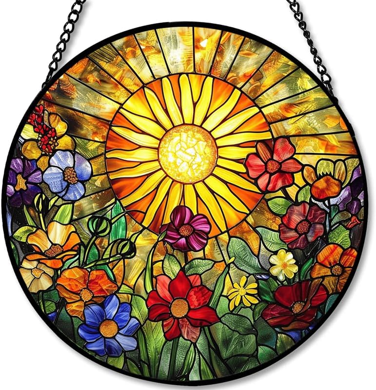 Stained Glass Window Hanging - Radiant Crystal Floral Sunburst 11.8in Sun Catchers Indoor Stained Glass Panels Wall Decor for Mom,Wife,Lovers,Festive by PPANGI