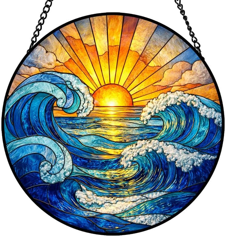 9.84 Inch Stained Glass Window Hanging Suncatcher Ocean Wave Sunrise Colorful Glass Panel Sun Catcher for Window Window Hanging Decor for Home Housewarming Gift by Unknown
