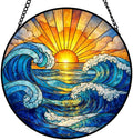 9.84 Inch Stained Glass Window Hanging Suncatcher Ocean Wave Sunrise Colorful Glass Panel Sun Catcher for Window Window Hanging Decor for Home Housewarming Gift by Unknown