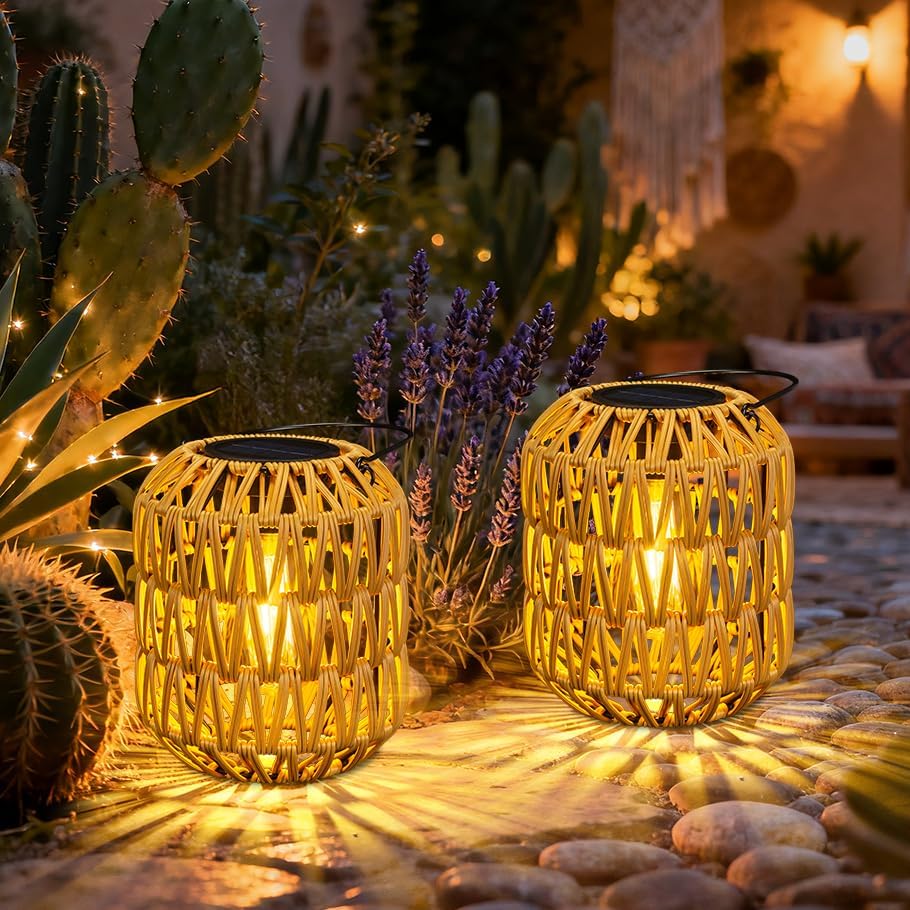 Livinlarge Solar Lanterns Outdoor Waterproof, Rattan Solar Lights for Yard by Livinlarge