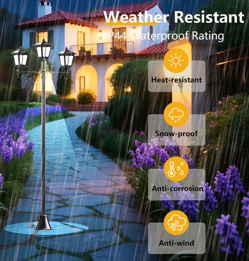 72 Inch Solar Lamp Post Light Outdoor, Triple Head Waterproof LED for Driveway Garden Patio Yard Pathway - Image 3