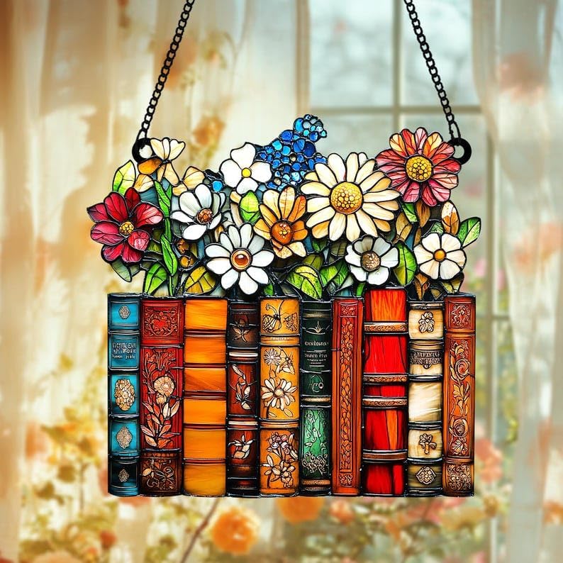 Stack of Book Acrylic Suncatcher Size 10 inches, Bookish Stained Glass Effect Window Hanging Ornament, Garden Decor, Gift for Book Lover Reader Bookworm by XISZYS