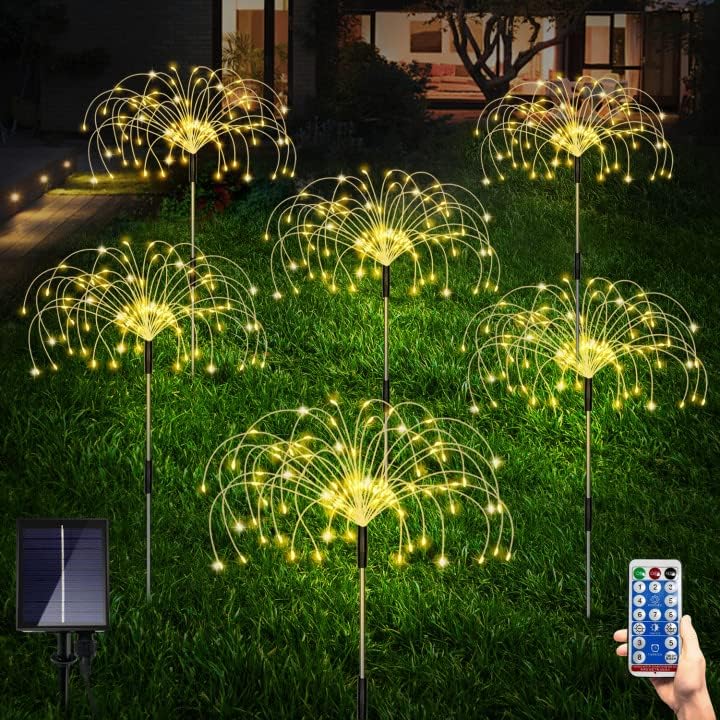 Maleyt 6 Pack Solar Garden Lights, Firework Lights, Decorative, 8 Lighting Modes with Remote 120 LED Twinkling Waterproof Landscape Outdoor Decor, for Pathway Backyard Walkway Patio (Warm White) by Maleyt