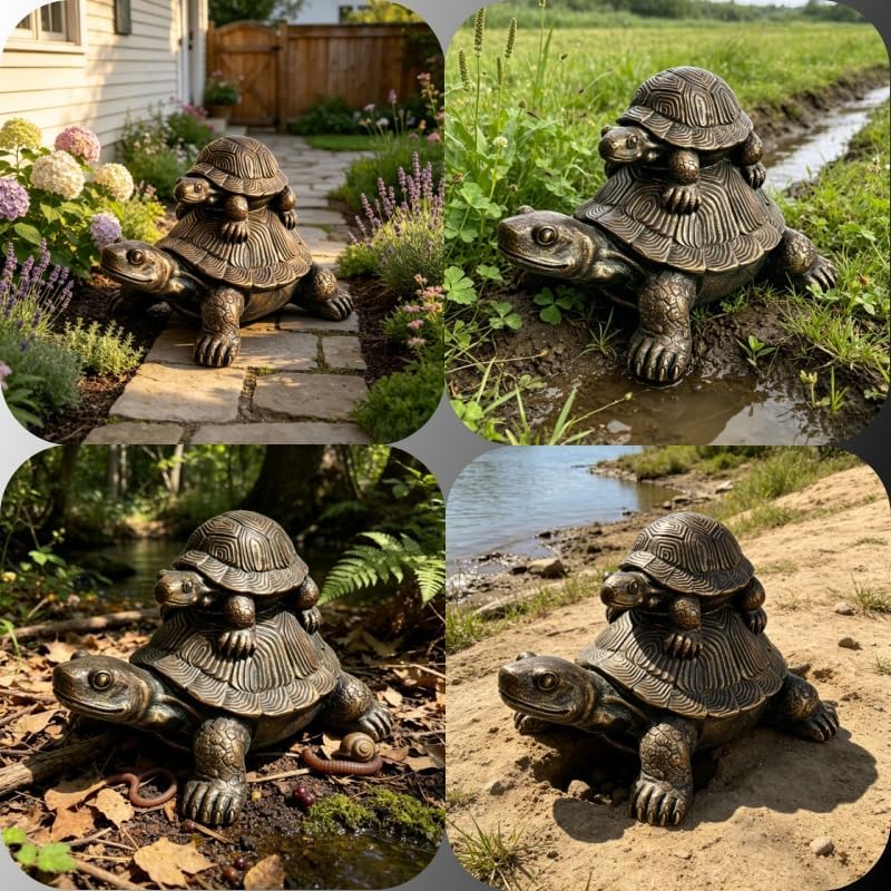 19'' Stacked Turtle Statue Mother Baby Tortoise Decor Vintage Bronze - Image 7