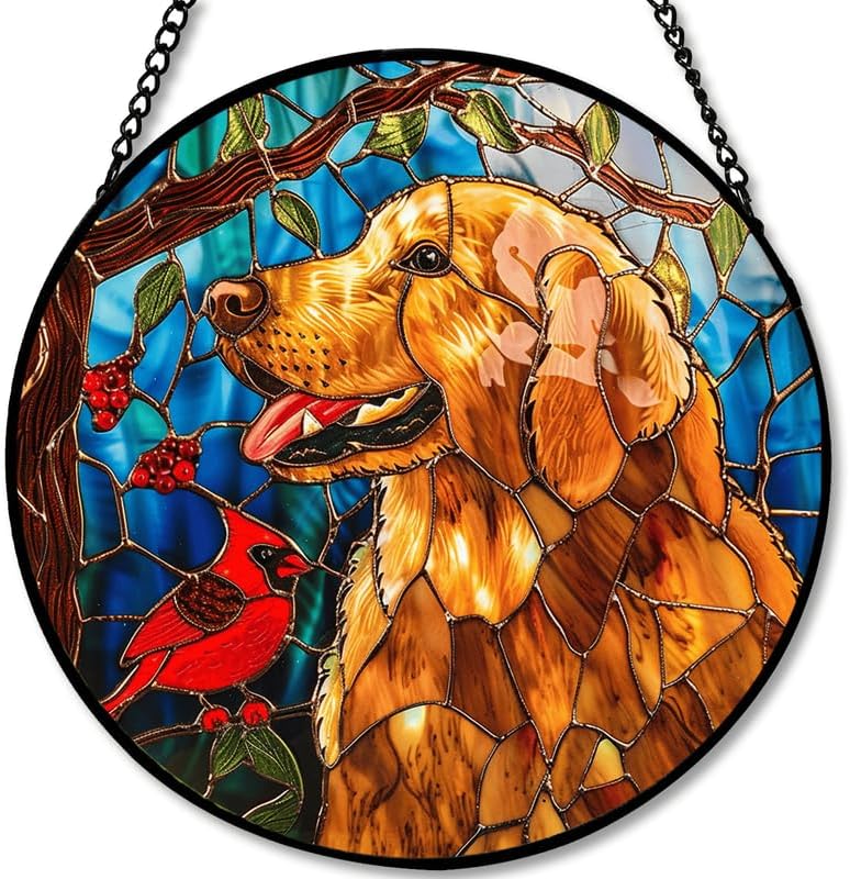 Stained Glass Window Hanging - Golden Retriever & Cardinal Bird 11.8in Sun Catchers Indoor Stained Glass Panels Wall Decor for Mom, Wife, Lovers, Festive by PPANGI