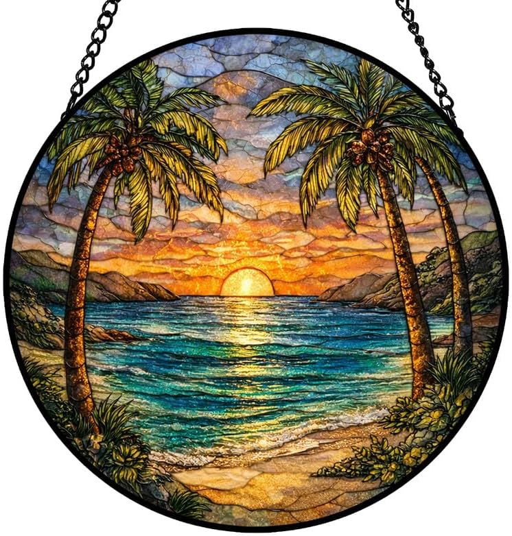 Stained Glass Window Hanging Suncatcher 9.8 Inch Tropical Sunset Beach with Palm Trees Colorful Glass Panel Sun Catcher for Window， Window Hanging Decor for Home， Housewarming Gift by Unknown