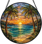 Stained Glass Window Hanging Suncatcher 9.8 Inch Tropical Sunset Beach with Palm Trees Colorful Glass Panel Sun Catcher for Window， Window Hanging Decor for Home， Housewarming Gift by Unknown