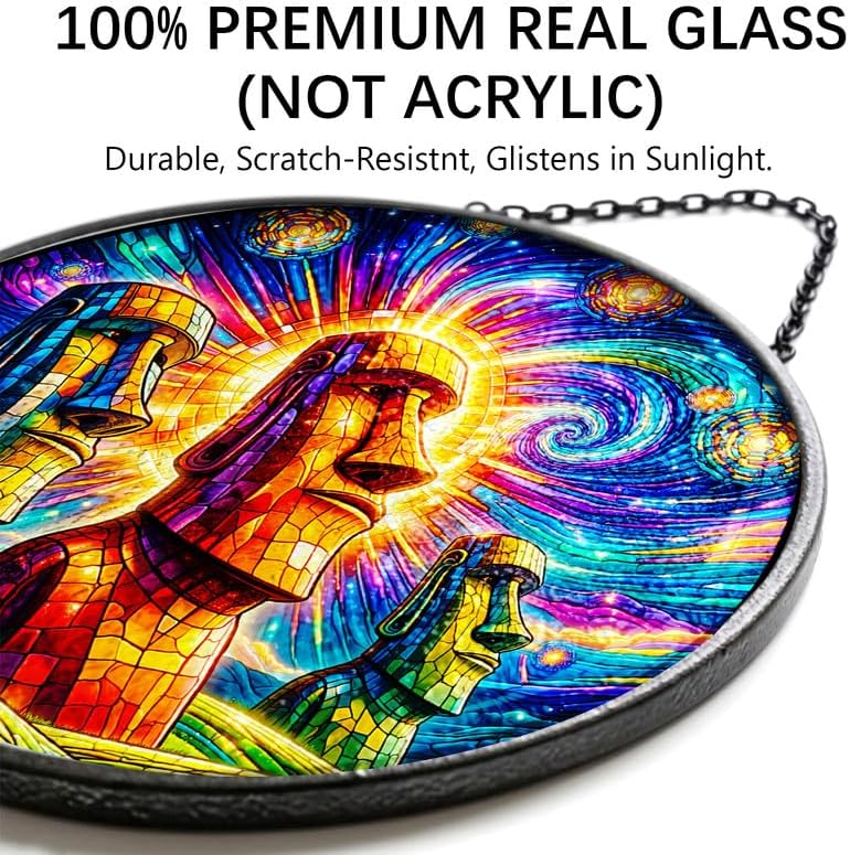 Stained Glass Window Hanging-11.8" Moai Statue Suncatcher Glass Panel,Colorful Easter Island Head Art Decor,Home Decorative Hanging Ornament for Kitchen or Garden,Ideal Gift for Mother,Wife or Women - Image 2