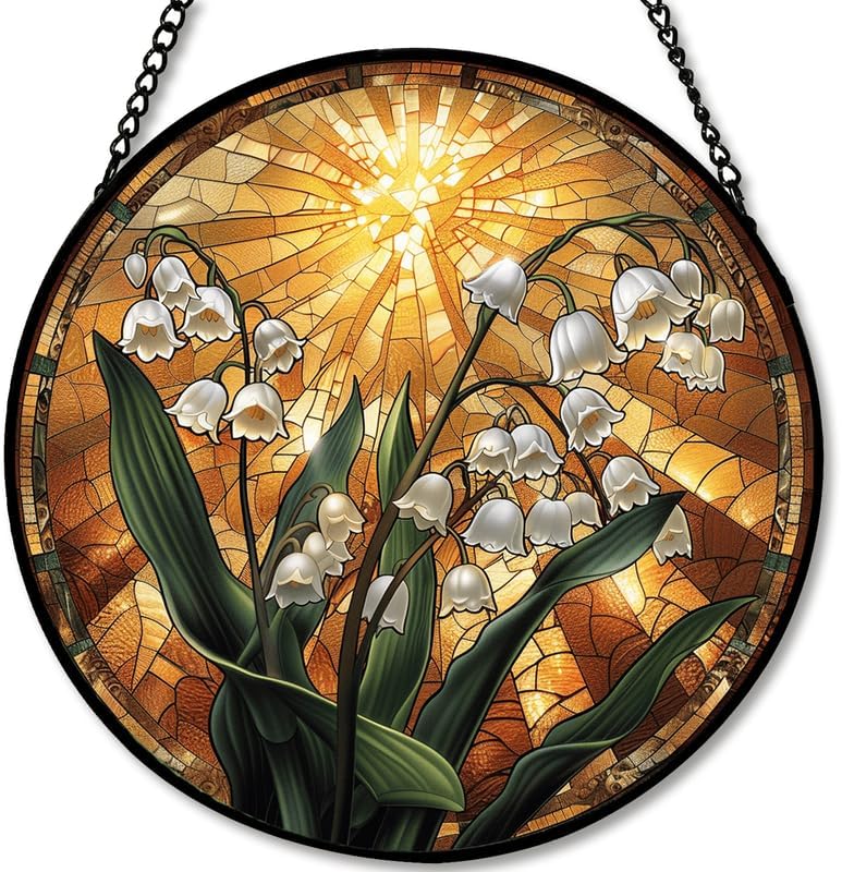 Stained Glass Window Hanging Lily of The Valley with Sunburst 11.8in Floral Sun Catcher, Vintage Rustic Home Decor by PPANGI