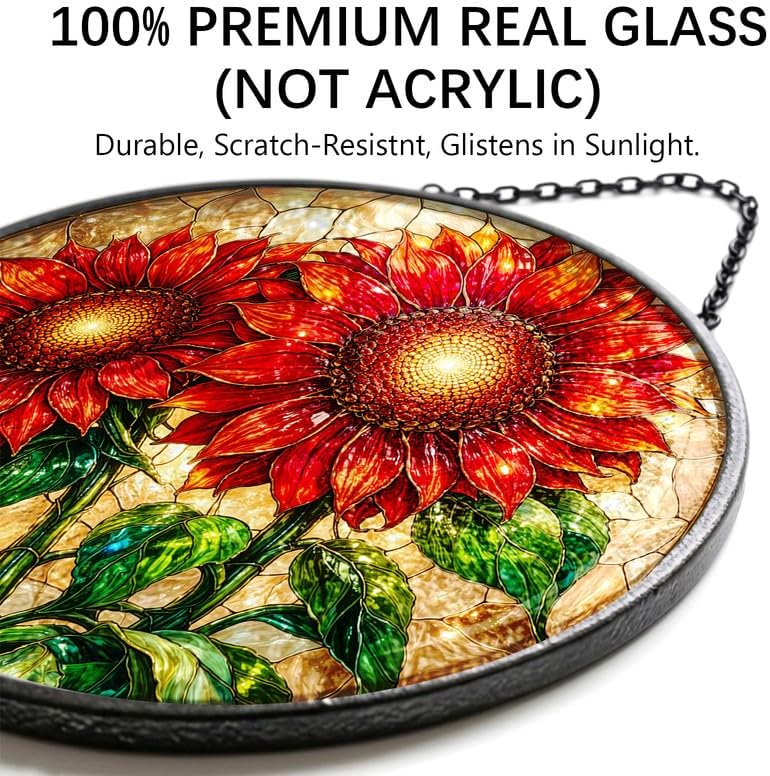 Stained Glass Window Hanging-11.8" Sunflower Suncatcher Glass Panel,Vibrant Red and Gold Floral Window Art,Home Decorative Hanging Ornament for Kitchen or Garden,Ideal Gift for Mother,Wife or Women - Image 2
