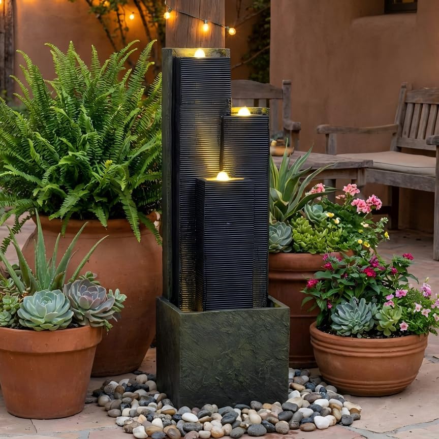 Outdoor Water Fountain with LED Lights, 39.7" Tall Modern 3-Tier Cascading Waterfall Fountain for Patio Garden Yard Porch Backyard, Resin Outdoor Water Feature Decor by MakensGardenSupply