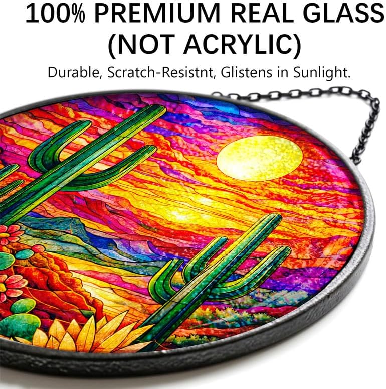 Stained Glass Window Hanging - 11.8" Desert Sunset Cactus Landscape Suncatcher Glass Panel, Home Decorative Hanging Ornament for Kitchen or Garden, Ideal Gift for Mother, Wife or Women - Image 2