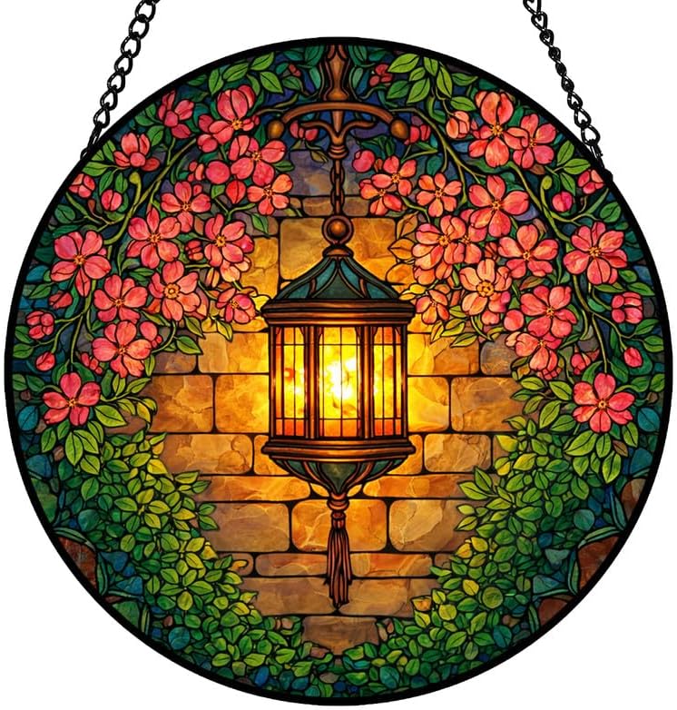 9.84 Inch Stained Glass Window Hanging Suncatcher Lantern Garden Bloom Colorful Glass Panel Sun Catcher for Window Window Hanging Decor for Home Housewarming Gift by Unknown
