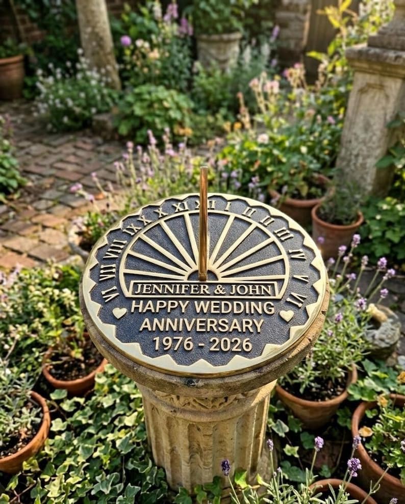 Brass Sundial Garden Clock Wedding for Couples Engraved Roman Numeral Sundial –50th Anniversary (Black Brass, 10 Inch) - Image 4