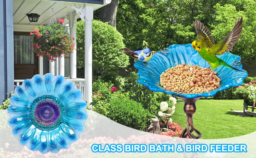 Homight Solar Glass Blue Bird Bath Garden Outdoor Birdbath with Metal Stake - Image 4