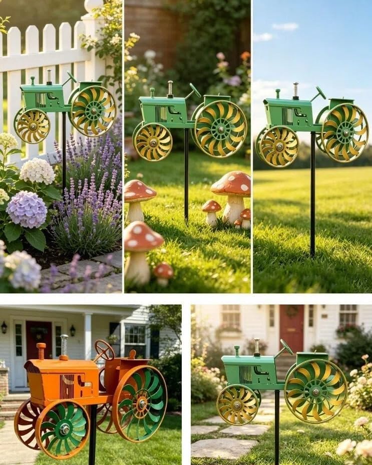 3D Tractor Wind Spinner – Kinetic Garden Stake with Rotating Wheels, Heavy-Duty Metal Sculpture for Outdoor Yard Patio Lawn Farmhouse Decor (Dark Red) - Image 3