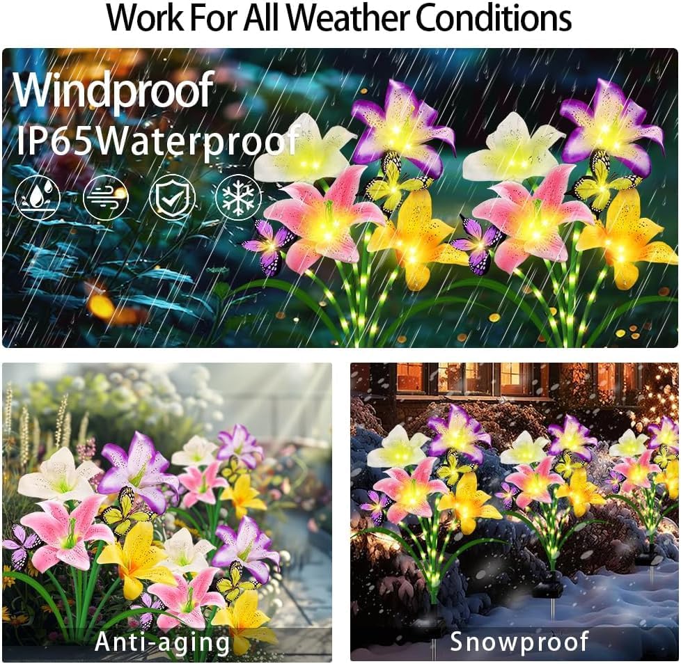 Solar Lights Outdoor, Gift for Women Mom Grandma Wife, 6 Pack 24 Solar Lily Flower Lights With 16 Butterfly Decor Solar Flower Lights Waterproof Outside Decor Stake Light for Landscape Yard Patio Lawn - Image 7