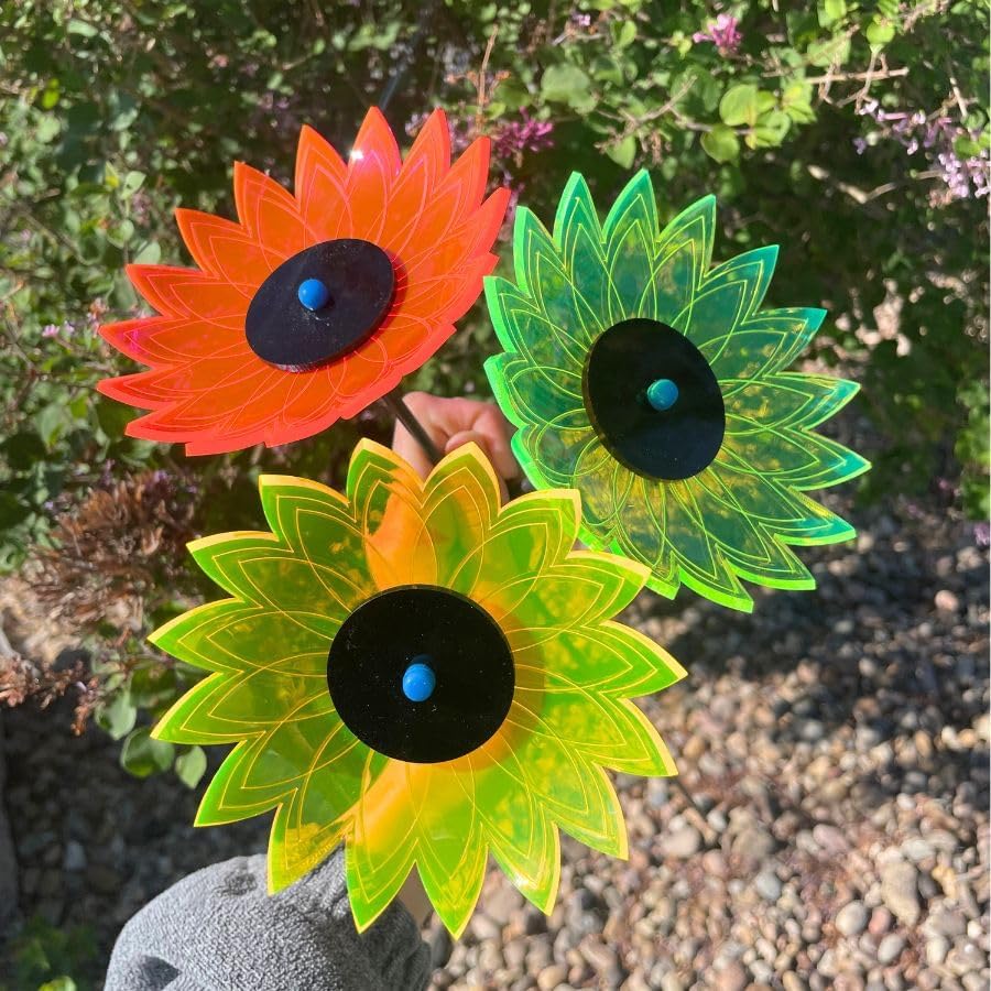 Garden Sunflower | 5" Flower Pot Size | Sunflower Garden Decor | Fluorescent Acrylic | UV Resistant Yard Decor | Decorative Garden Stakes | Beautiful Gift | Variety Color 3 Pack by Unknown