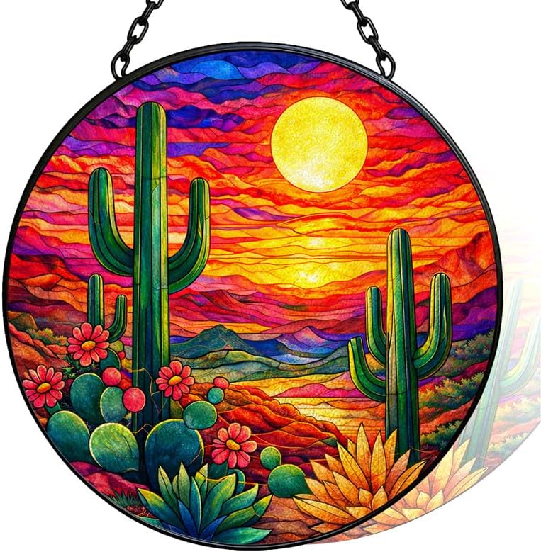 Stained Glass Window Hanging - 11.8" Desert Sunset Cactus Landscape Suncatcher Glass Panel, Home Decorative Hanging Ornament for Kitchen or Garden, Ideal Gift for Mother, Wife or Women by Vexila