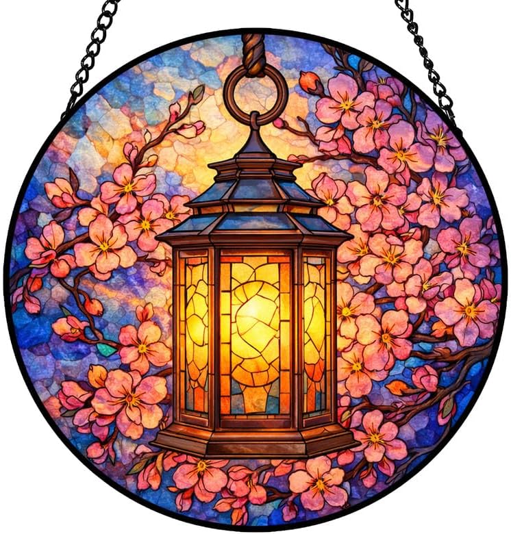 Stained Glass Window Hanging Suncatcher 9.8 Inch Lantern with Cherry Blossom Design Colorful Glass Panel Sun Catcher for Window,Window Hanging Decor for Home,Housewarming Gift by Unknown