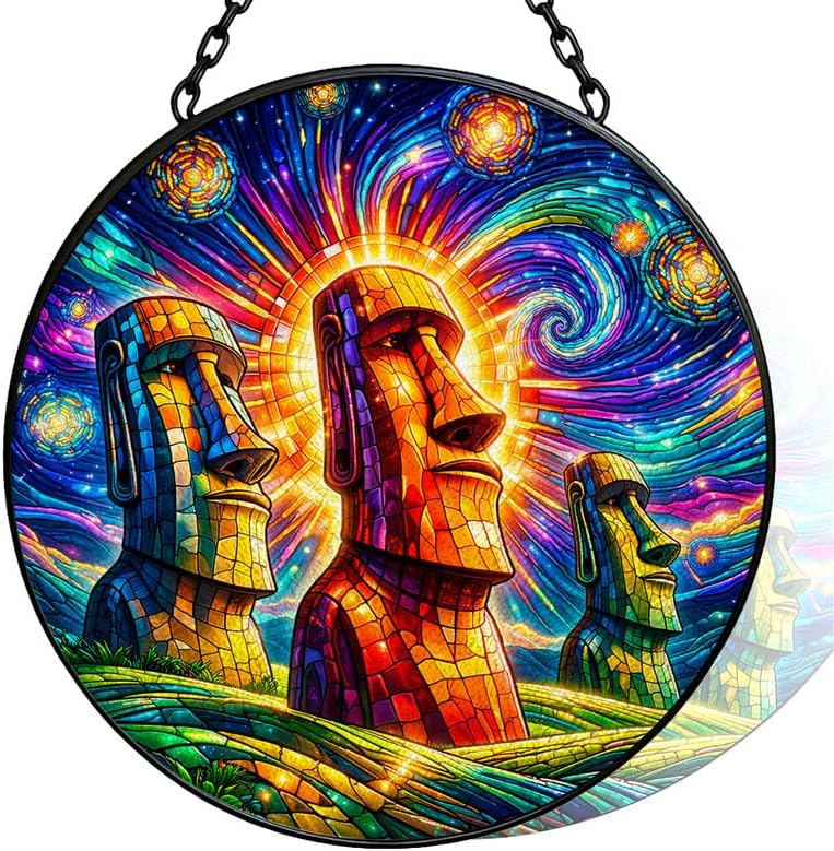 Stained Glass Window Hanging-11.8" Moai Statue Suncatcher Glass Panel,Colorful Easter Island Head Art Decor,Home Decorative Hanging Ornament for Kitchen or Garden,Ideal Gift for Mother,Wife or Women by Vexila