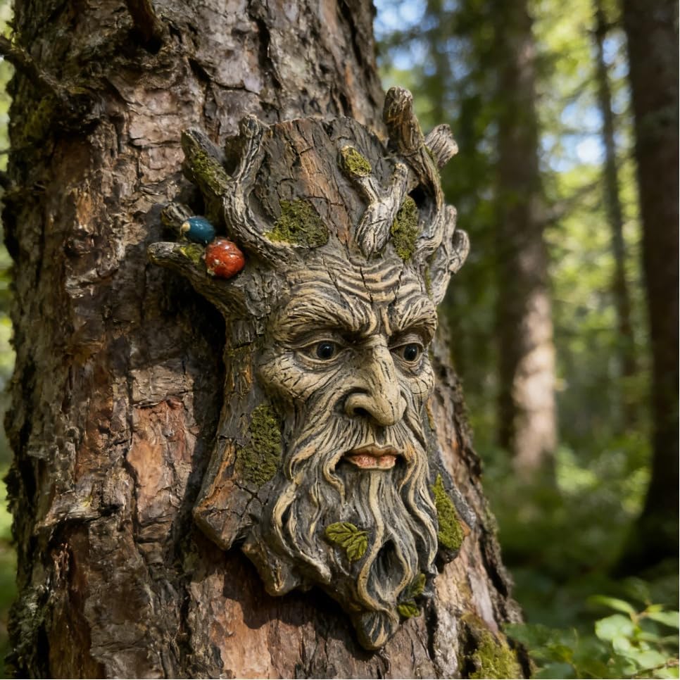 Tree Face Garden Statues Outdoor Decoration Clearance, Whimsical Old Man Tree Faces for Fence Hugger Sculpture, Wallmount Statue Fairy Art with Mushroom, Patio Home Hanging Decor, 6.9" x 2.8" x 9.8" by GardenWhisper