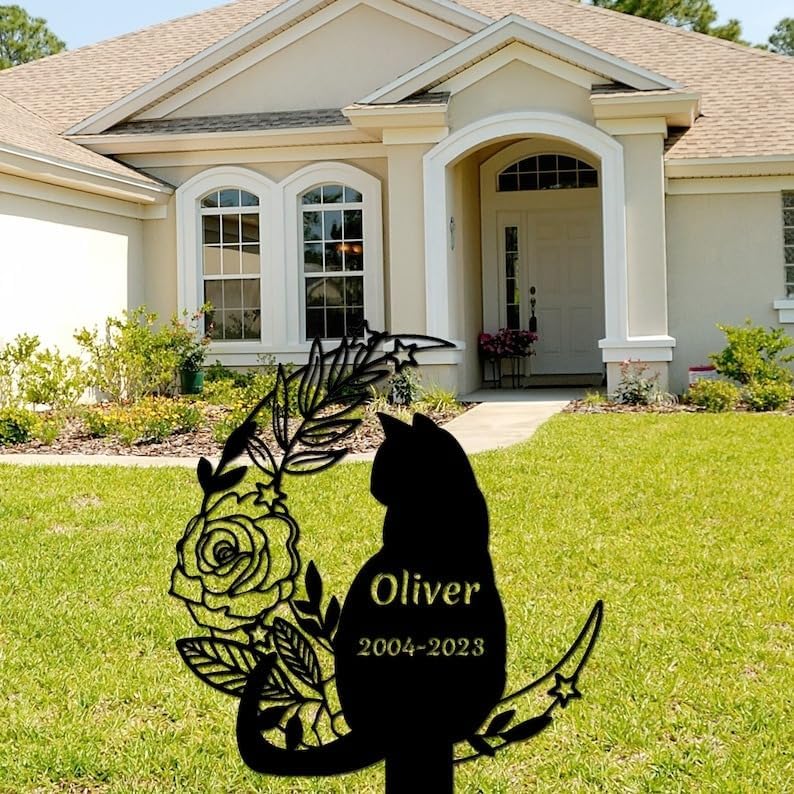 DINOMAN Personalized Cat Memorial Stake Cat Sitting on Floral Moon 12x12 inch Grave Marker Cat Loss Gift Sympathy Gift for Cat Lover (Cat) - Image 2