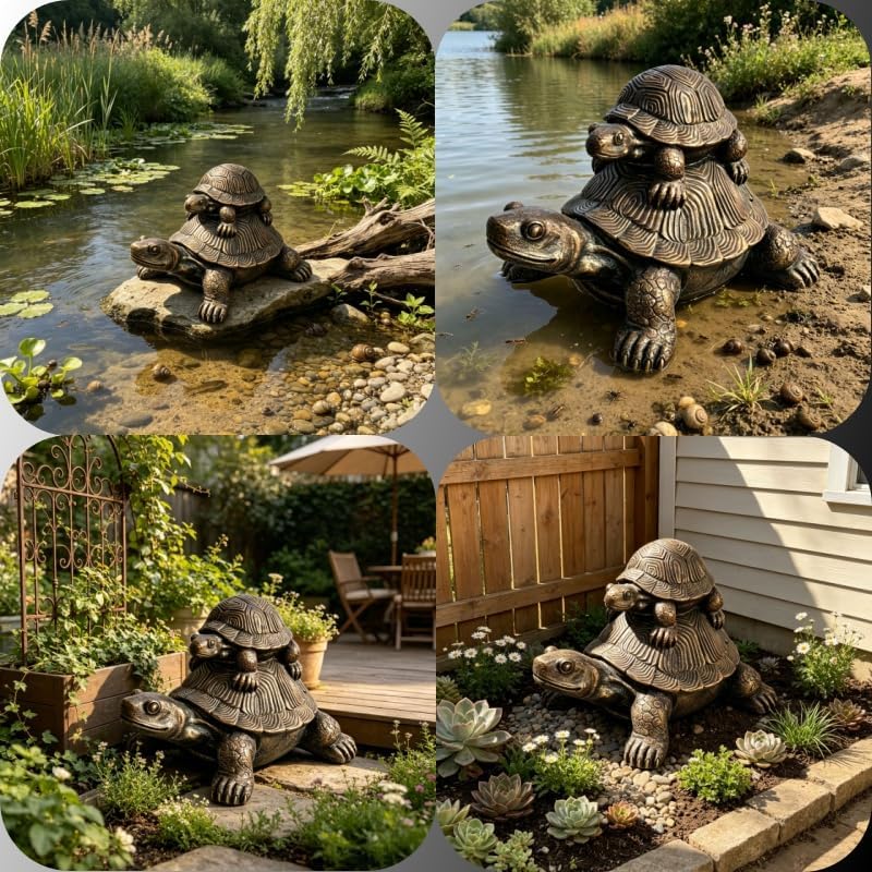 19" Vintage Bronze Turtle Statue, Resin Stacked Mother & Baby Tortoise Sculpture, Rustic Farmhouse Decor Figurine for Garden, Lawn, Patio, Table, Shelf & Home Decoration - Image 7