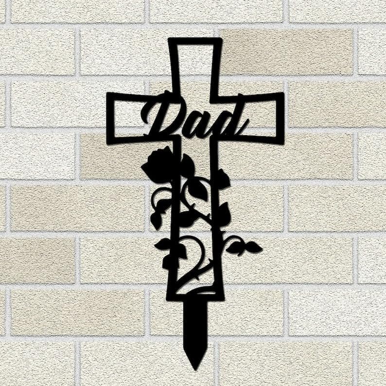 DINOMAN Personalized Memorial Plaques for Outdoors Rose Cross Grave Marker Metal Garden Stakes Mom Dad Memorial Gifts Sympathy Gifts for Loss of Loved One (Rose) by DINOMAN