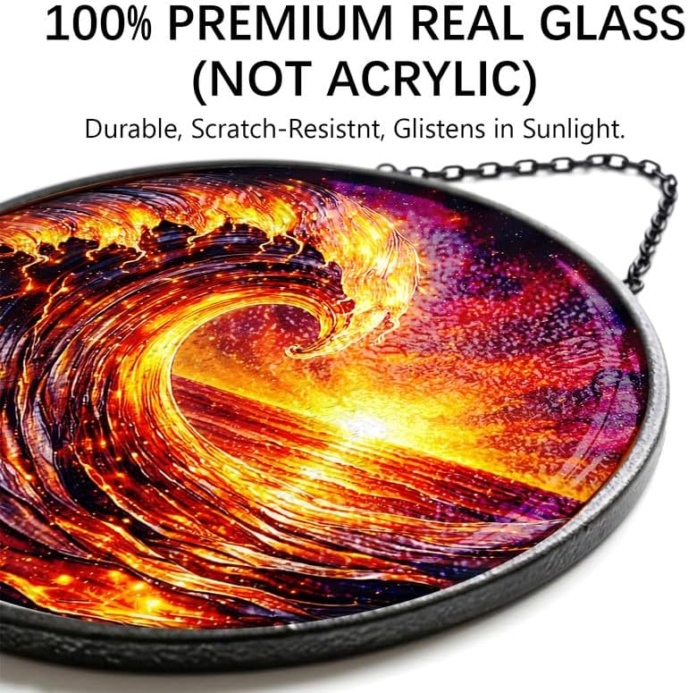 Stained Glass Window Hanging - 11.8" Fiery Ocean Wave and Sunset Suncatcher Glass Panel, Home Decorative Hanging Ornament for Kitchen or Garden, Ideal Gift for Mother, Wife or Women - Image 2
