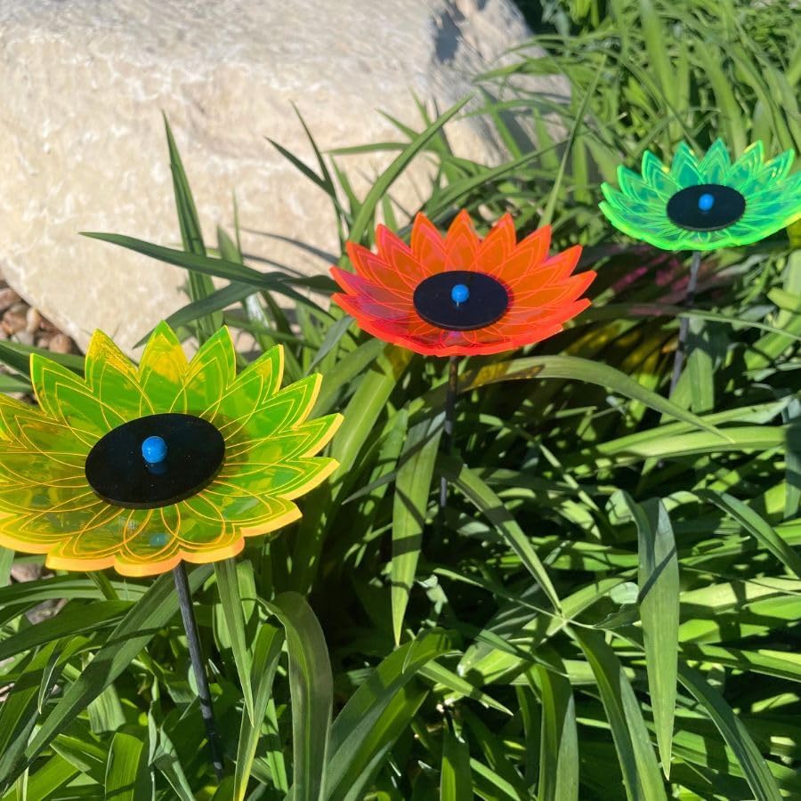 Garden Sunflower | 5" Flower Pot Size | Sunflower Garden Decor | Fluorescent Acrylic | UV Resistant Yard Decor | Decorative Garden Stakes | Beautiful Gift | Variety Color 3 Pack - Image 2