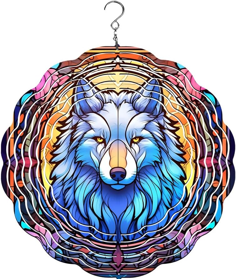 Wolf Wind Spinner, 10", Aluminum (Stain Yellow Blue) by Unknown